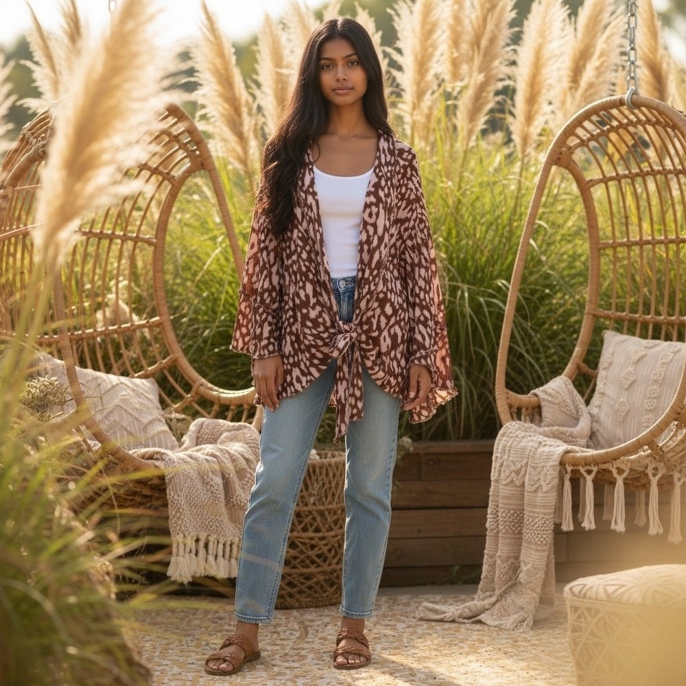 Umgee USA Women;s Brown Pink Animal Print Tie Front Cardigan Kimono Size M/L